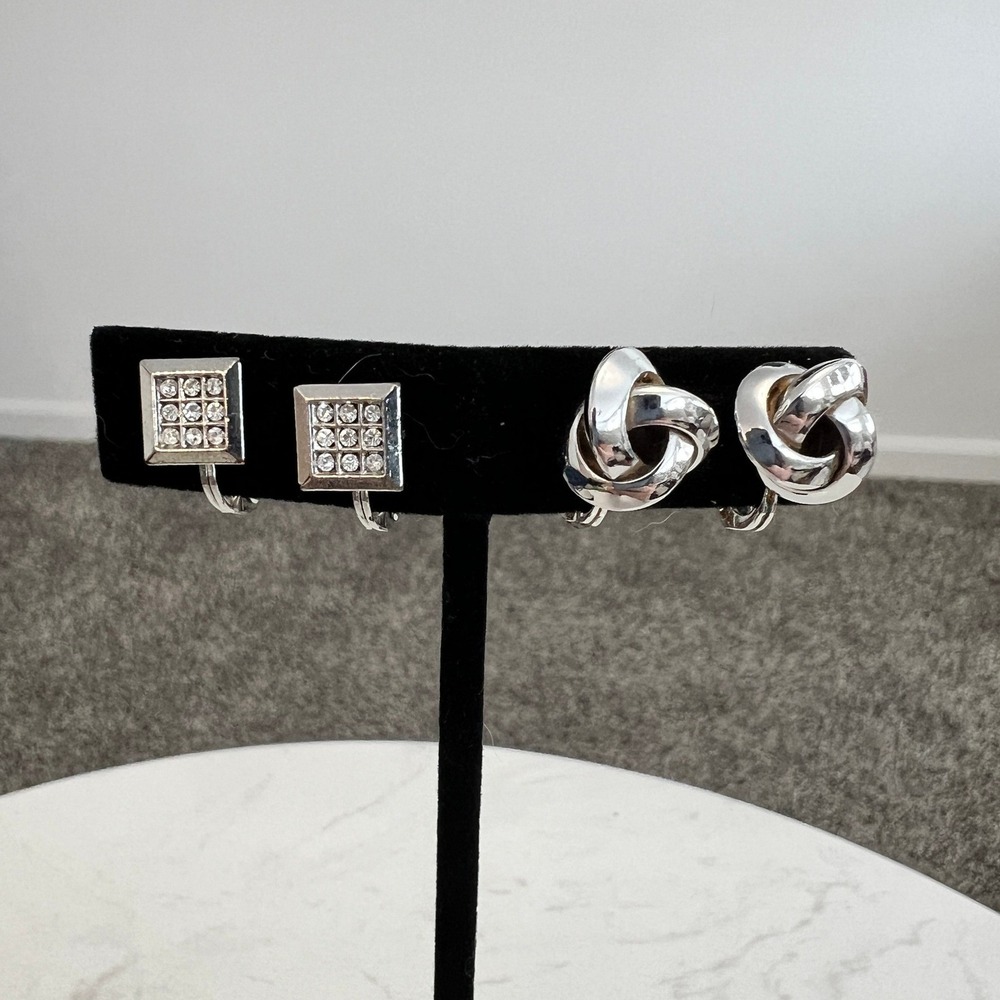 Pr of Monet Clip On Earrings Silver Tone Square Rhinestone Pave Knot Vtg Signed‎